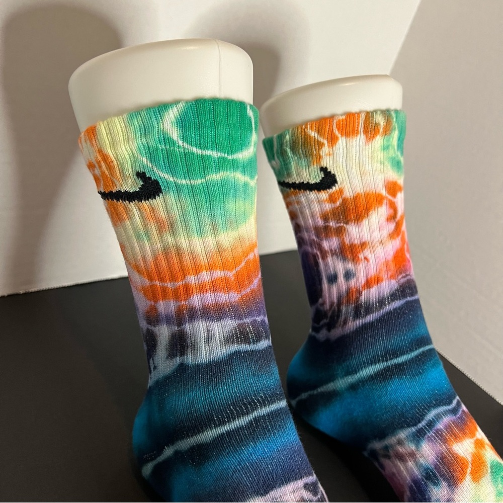 Custom Handmade Blue / Purple /Orange Pink split marble Tie-Dye NIKE Crew Socks - Picture 7 of 7